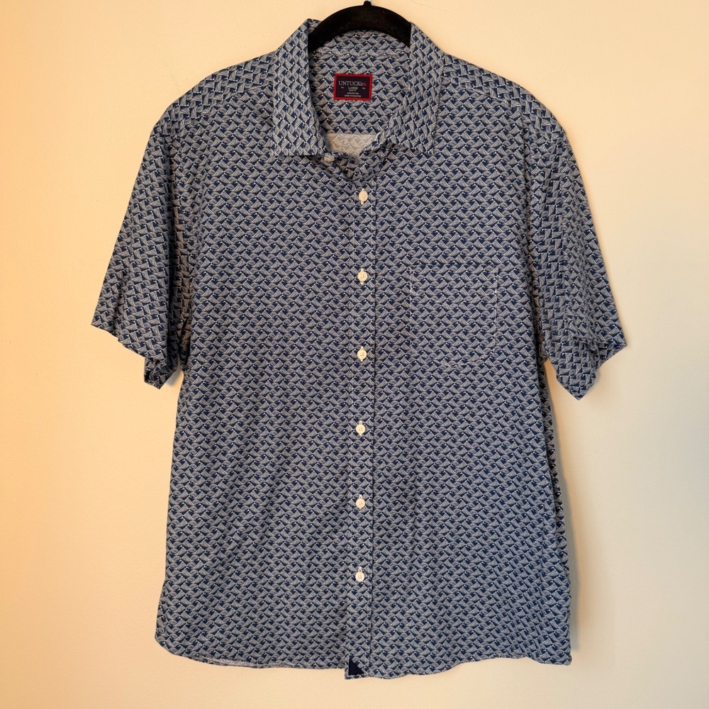 UNTUCKit Stoller Slim Fit Navy Wave Short Sleeve Shirt (Large) Summer Coastal - Picture 2 of 12